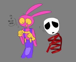 4_fingers anthro duo female fingers male mask motion_lines nervous nervous_smile question_mark simple_background smile speech_bubble turning_around karnthud glitch_productions the_amazing_digital_circus evil_jax_(tadc) gangle_(tadc) animate_inanimate humanoid lagomorph leporid living_mask mammal rabbit absurd_res hi_res