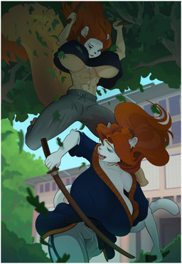 abs anthro asian_clothing big_breasts blue_eyes breasts chest_tuft clothing crop_top crop_top_overhang duo east_asian_clothing exercise_clothing facial_markings female fur hair head_markings huge_breasts hyper hyper_breasts japanese_clothing kimono leaf lips markings plant red_hair red_lips shirt smile smirk spread_breasts swinging_weapon tail topwear training_sword tree tuft under_boob white_body white_face white_fur white_tail yellow_body yellow_fur yellow_tail dr._welps ayumi_norkina ivy_stelida american_mink gulonine hybrid japanese_marten mammal marten mink mustelid musteline neovison true_musteline hi_res