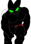 anthro biceps black_body black_fur blush bodily_fluids body_hair bottomwear clothing fur green_eyes male muscular muscular_male pecs sharp_teeth solo sweat teeth underwear whiskers oyasmis cartoon_network mao_mao:_heroes_of_pure_heart sheriff_mao_mao_mao domestic_cat felid feline felis mammal hi_res