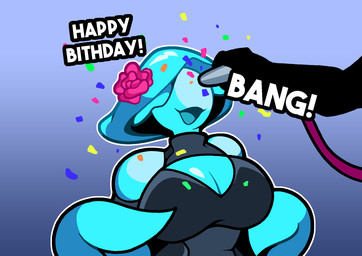 ambiguous_gender anthro big_breasts black_bodysuit black_clothing black_latex black_skinsuit blue_body bodysuit bolt_gun breasts clothed clothed_anthro clothed_female clothing confetti disembodied_hand duo female flower happy_birthday latex latex_bodysuit latex_clothing latex_skinsuit open_mouth open_smile plant rose_(flower) skinsuit smile solo_focus tentacles text tight_clothing rem_phase marina_thalassa aquatic cnidarian jellyfish medusozoan 2026 digital_media_(artwork) english_text hi_res gynomorph_(lore)