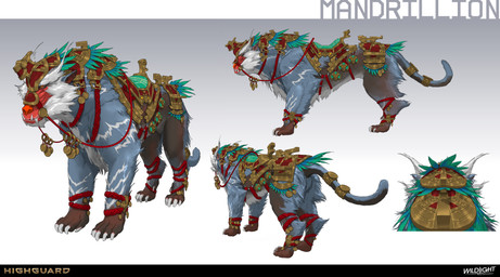 4_toes 5_toes accessory ambiguous_feral ambiguous_gender blue_body blue_fur blue_tail brown_body brown_feet brown_fur claws clothing company_name feet feral fur furgonomics headgear headwear horn jewelry light long_fangs long_tail markings mouth_closed multicolored_body multicolored_fur orange_eyes paws quadruped red_anklet red_clothing red_headwear red_horn reins ring saddle sharp_teeth simple_background solo standing tail tail_accessory tail_jewelry tail_ring teeth text toe_claws toes turnaround white_claws white_markings nicholas_patrick_kelana highguard_(game) felid feline haplorhine mammal mandrillion_(highguard) monkey old_world_monkey primate 2026 absurd_res colored concept_art digital_drawing_(artwork) digital_media_(artwork) english_description english_text hi_res lighting official_art shaded