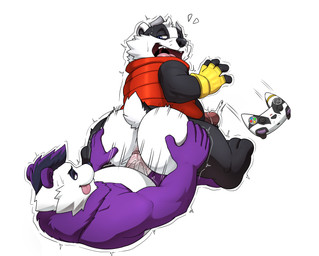 anal anal_penetration anthro anus belly big_butt black_body blue_eyes butt butt_grab clothing controller eye_contact fingerless_gloves fur genitals gloves hair hand_on_butt handwear happy looking_at_another looking_pleasured male male/male multicolored_body multicolored_fur nude penetration penile penile_penetration penis penis_in_ass purple_body purple_eyes sitting_on_another slightly_chubby smile smiling_at_another smiling_at_partner tongue tongue_out seyrmo bradley_(bradley_the_badger) panfluff_(xpanda6) badger bear giant_panda mammal mustelid musteline hi_res