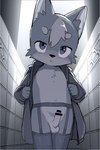 5_fingers anthro balls biped black_nose blue_eyes blush censor_bar censored_genitalia censored_penis clothed clothing coat detailed_background erection fingers fur genitals hair humanoid_genitalia humanoid_penis kemono legwear looking_at_viewer low-angle_view male navel penis pupils skimpy solo standing stockings topwear young young_anthro young_male manmosu_marimo ichi_inukai canid canine canis mammal wolf 2025 censored hi_res romaji_description