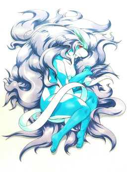 2_tails 3_fingers anthro arm_markings belly biped blue_body blush breasts eyelashes featureless_breasts featureless_crotch female fingers hair handpaw head_crest leg_markings legs_together long_tail looking_at_viewer lying markings messy_hair multi_tail nude on_side paws pokemorph pose pupils purple_hair red_eyes shadow side_view simple_background slit_pupils small_breasts smile snout solo tail thick_thighs thin_tail white_background white_belly white_body white_markings white_tail 025aki nintendo pokemon generation_2_pokemon legendary_pokemon pokemon_(species) suicune 2017 hi_res pinup shaded