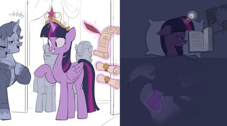1_horn animal_dildo animal_genitalia animal_sex_toy animal_vulva anus armor back_wings bangs blue_mane blue_tail blush bodily_fluids book bow_tie clothing crown dildo dildo_in_vagina dildo_insertion equine_dildo equine_genitalia equine_vulva eyelashes eyewear facial_hair feathered_wings feathers female female_feral female_focus feral fur genitals gold_(metal) gold_tiara grin group half-closed_eyes headgear helmet hooves horn loose_feather lying magic male male_feral mane masturbation monocle motion_lines multicolored_mane multicolored_tail mustache narrowed_eyes on_side open_book open_mouth parody penetration pillow pink_mane pink_tail princess purple_body purple_dildo purple_ears purple_eyes purple_fur purple_horn purple_mane purple_tail purple_wings quadruped quill reading royalty scroll sex_toy sex_toy_in_vagina sex_toy_insertion smile smirk snout standing suit sweat sweaty_face tail telekinesis tiara toying_self under_covers unguligrade unicorn_horn vaginal vaginal_masturbation vaginal_penetration vulva wings amugea fifty_shades_of_grey friendship_is_magic hasbro my_little_pony mythology royal_guard_(mlp) twilight_sparkle_(mlp) equid equine horse mammal mythological_creature mythological_equine pony unicorn winged_unicorn 2026 absurd_res hi_res multiple_images