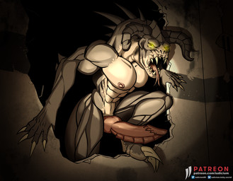 abs anthro big_penis erection flashlight genitals glowing glowing_eyes hole_in_wall horror_(theme) knot knotted_penis male muscular muscular_male obliques pecs penis ridged_knotted_penis ridged_penis ruins serratus solo text wall_(structure) iudicium86 fallout microsoft deathclaw monster reptile scalie hi_res url
