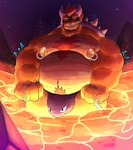 anthro belly big_belly big_bulge big_muscles blush body_hair bulge clothing detailed_bulge facial_piercing hair horn jockstrap lava male musclegut muscular navel night nipple_piercing nipples nose_piercing pecs piercing red_eyes red_hair rock solo underwear darkened_idiot mario_bros nintendo bowser koopa scalie absurd_res hi_res