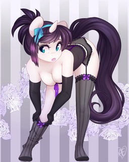 2014 bent_over blue_eyes bow breasts cleavage clothed clothing elbow_gloves equine female gloves hair hindpaw horn horse lips long_hair makeup mammal panties paws pony purple_hair solo spittfire standing stockings thighs underwear unicorn white_skin
Rating: Questionable
Score: 25
User: Fur_in_the_dark
Date: April 13, 2014