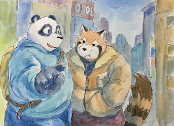 anthro backpack black_body bottomwear brown_body clothing detailed_background duo hoodie kemono male outside overweight overweight_male pants topwear white_body aotadobukitch ailurid bear giant_panda mammal red_panda 2022 absurd_res hi_res