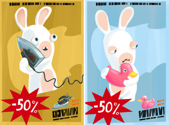 ambiguous_anthro ambiguous_gender anthro blue_eyes buckteeth clothes_iron duo featureless_crotch featureless_legs frown fur half-closed_eyes holding_clothes_iron holding_object holding_rubber_duck light long_ears looking_up mitten_hands multicolored_body narrowed_eyes no_eyebrows noseless nude_ambiguous nude_anthro number open_frown open_mouth open_smile poster poster_template rubber_duck short_legs simple_background smile standing tan_body tan_inner_ear tan_skin teeth text two_tone_body white_body white_fur florence_charpentier raving_rabbids rayman_(series) ubisoft lagomorph mammal rabbid 2017 cel_shading colored digital_drawing_(artwork) digital_media_(artwork) english_description hi_res lighting lineless official_art shaded