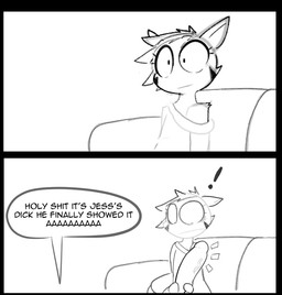 ambiguous_gender anthro clothed clothed_anthro clothing dialogue dildo duo emanata exclamation_point eyelashes furniture holding_dildo holding_object holding_sex_toy mostly_offscreen_character profanity sex_toy sofa speech_bubble text wide_eyed capdocks nintendo pokemon jess_(capdocks) lumana_(capdocks) chespin gardevoir generation_3_pokemon generation_6_pokemon humanoid pokemon_(species) 2020 comic digital_drawing_(artwork) digital_media_(artwork) english_description english_text greyscale monochrome female_(lore) male_(lore)