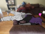 ambiguous_gender anthro bodily_fluids bottomwear butt claws clothing cum cum_on_butt footwear genital_fluids grey_body hair heart_symbol hooves lying on_front pants purple_hair shirt shoes slippers solo topwear thorny_gremlin vita chimera 4:3 absurd_res hi_res meme