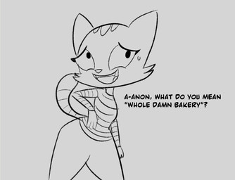 4_fingers anthro asking asking_viewer bent_arm big_ears big_eyes biped black_text bodily_fluids bottomwear cheek_tuft clothed clothed_anthro clothed_female clothing dialogue eyelashes facial_markings facial_tuft fangs female fingers fully_clothed fully_clothed_anthro fully_clothed_female fur fur_tuft head_markings huge_hips humanoid_hands iris leaning leaning_forward looking_at_viewer markings mature_anthro mature_female nervous nervous_smile nervous_sweat no_pupils open_mouth open_smile pants pattern_clothing pattern_shirt pattern_t-shirt pattern_topwear pointy_ears prick_ears question shirt smile smiling_at_viewer solo standing striped_body striped_clothing striped_face striped_fur striped_markings striped_shirt striped_t-shirt striped_tail striped_topwear stripes stuttering sweat sweatdrop t-shirt tail tail_markings talking_to_viewer teeth text thick_thighs three-quarter_view tongue topwear tuft wide_hipped_anthro wide_hipped_female wide_hips 4chan_anon unknown_artist litterbox_comics fran_(litterbox_comics) domestic_cat felid feline felis mammal tabby_cat 2025 digital_drawing_(artwork) digital_media_(artwork) english_text greyscale hi_res monochrome sketch