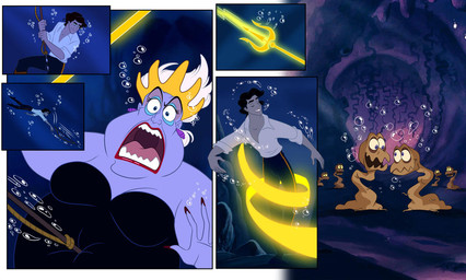 attack blue_eyes blue_eyeshadow body_horror breasts bubble clothing_loss consensual_transformation eyeshadow featureless_breasts female group hair happy harpoon heart_symbol makeup male male/female melee_weapon open_mouth polearm polyp smile spear stab transformation transformation_through_magic trident trio_focus underwater water weapon white_hair nippy13 disney the_little_mermaid_(1989) ariel_(disney) prince_eric_(disney) ursula_(disney) animal_humanoid aquatic aquatic_humanoid cephalopod cephalopod_humanoid flesh_creature human humanoid mammal mollusk mollusk_humanoid octopus_humanoid comic