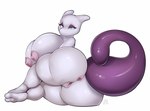 anthro anus areola big_breasts big_butt blue_eyes breasts butt female generation_1_pokemon genitals half-closed_eyes hi_res huge_breasts huge_butt legendary_pokemon looking_at_viewer lying mewtwo narrowed_eyes nintendo nipples on_side pink_areola pink_nipples pokemon pokemon_(species) purple_body purple_eyelids pussy rear_view solo tail thick_tail villmix white_body