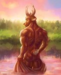 anthro antlers back_muscles brown_body brown_fur butt fur horn looking_back male muscular muscular_male nude outside partially_submerged plant rear_view sky smile solo standing sunrise towel tree water fangsboi deer mammal hi_res