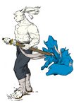 anthro clothed clothing male melee_weapon muscular muscular_male samurai simple_background solo sword topless warrior weapon white_background usagi_yojimbo miyamoto_usagi lagomorph leporid mammal rabbit hi_res