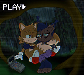 anthro black_hair black_nose brown_body clothed clothing computer detailed_background duo electronics female fur gloves hair handheld handheld_console handwear hug male male/female night nuzzling outside plant raining shelter sitting smile tail text topwear vhs_artifacts vhs_filter wrapped_tail wrapping_tails weebmochi69 archie_comics dic_entertainment sega sonic_the_hedgehog_(archie) sonic_the_hedgehog_(comics) sonic_the_hedgehog_(satam) sonic_the_hedgehog_(series) vhs miles_prower nicole_the_lynx canid canine digital_creature felid feline fox lynx mammal digital_media_(artwork) english_text