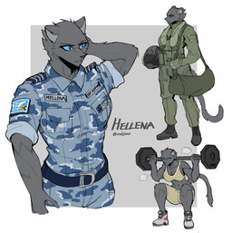 anthro belt blue_eyes blue_uniform bra breasts clothing exercise female footwear fur grey_body grey_fur military muscular muscular_anthro muscular_female shoes solo tail underwear endjfcar hellena_(endjfcar) felid mammal pantherine hi_res