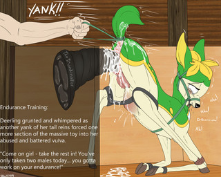abdominal_bulge anus bdsm bestiality bodily_fluids bondage bound bridle brown_hooves clitoris dialogue dildo drooling duo eye_roll female female_feral female_focus feral feral_focus feral_penetrated forced fucked_silly genitals hooves human_on_feral interspecies leash lube nipples open_mouth penetration pokemon_speak pokephilia raised_tail rape reins restraints rough_sex saliva sex sex_toy solo_focus spread_legs spreader_bar spreading tail tears teats text vaginal vaginal_penetration vulva backlash91 conditional_dnp nintendo pokemon deer deerling generation_5_pokemon human mammal pokemon_(species) summer_deerling 5:4 digital_media_(artwork) english_text