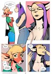 2020 annoyed anthro antlers blonde_hair breasts bullying cass_(falcon_mccooper) colored_nails comic curvy_figure deer dialogue duo english_text falcon_mccooper felid female green_eyes hair highlights_(coloring) horn jesse_(falcon_mccooper) larger_female lion makeup male mammal mascara nails pantherine purple_hair size_difference smaller_male speech_bubble teeth text url voluptuous