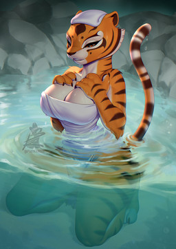 anthro arm_tuft big_breasts breasts elbow_tuft feet female hand_on_chest hot_spring kneeling onsen orange_body orange_eyes partially_submerged shoulder_tuft solo stripes towel towel_on_head tuft water white_body pakwan008 dreamworks kung_fu_panda master_tigress felid mammal pantherine tiger 2026