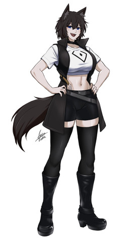 absolute_territory big_breasts black_hair boots bottomwear breasts clothing crop_top female footwear hair legwear midriff navel shirt shoes shorts solo tail thigh_highs topwear airisubaka animal_humanoid canid canid_humanoid canine canine_humanoid humanoid mammal mammal_humanoid wolf_humanoid 2021 hi_res