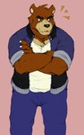 anthro black_nose blue_bottomwear blue_clothing blue_jacket blue_pants blue_topwear bottomwear brown_body brown_eyes brown_fur chest_markings claws clothed clothing countershade_snout countershading crossed_arms fully_clothed fur jacket male markings pants purple_background shirt simple_background snout solo standing tan_body tan_fur topwear white_claws white_clothing white_shirt white_topwear hopelesshighschool morenatsu juuichi_mikazuki bear black_bear mammal moon_bear ursine 2024 hi_res