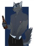 abs alcohol anthro areola arm_tuft athletic athletic_anthro athletic_male beer beverage biceps black_bottomwear black_clothing black_eyebrows black_nose black_pants blue_background border bottle bottomwear cheek_tuft chest_tuft claws clothing container elbow_tuft eyebrows facial_tuft fangs fingers fur green_eyes grey_body grey_claws grey_fur grey_tail hand_in_pants holding_beer holding_beverage holding_bottle holding_container holding_object looking_at_viewer male navel nipples pants pecs pink_areola pink_nipples shoulder_tuft simple_background smile solo standing tail teeth tuft white_border riffraff666 canid canine canis mammal wolf 3:4 digital_media_(artwork) hi_res