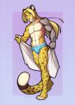 anthro bionic_arm bionics blonde_hair bulge cheetah clothing cybernetic_arm cybernetic_limb digital_media_(artwork) felid feline hair looking_at_viewer male mammal shaded smile solo spefides syphon towel underwear