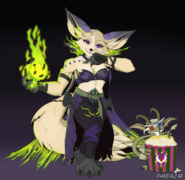 anthro armor big_ears breasts cleavage clothed clothing duo eyeshadow female fluffy fluffy_tail food magic_user makeup medium_breasts organs pink_eyes popcorn shortstack stomach tail pandazar blizzard_entertainment warcraft canid canine demon fennec_fox fox imp mammal true_fox vulpera