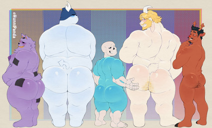 admiring anthro beard belly big_butt black_hair blonde_hair blue_body blush body_hair bone brown_body brown_fur butt butt_hair facial_hair fur glistening glistening_butt group hair hand_on_butt hooves horn lineup looking_away looking_back male male/male muscular muscular_anthro muscular_male mustache nude nude_male overweight overweight_anthro overweight_humanoid overweight_male patch_(fabric) paws purple_body purple_fur rear_view red_nose simple_background skeleton standing tail thick_thighs white_body white_fur hunnipanda deltarune undertale_(series) asgore_dreemurr king_spade rudolph_holiday sans_(undertale) seam_(deltarune) animated_skeleton boss_monster_(undertale) bovid caprine darkner deer felid feline goat humanoid mammal new_world_deer reindeer undead 2025 hi_res signature