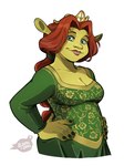 blue_eyes breasts brown_hair clothing collarbone crown eyebrows female green_body green_clothing green_skin hair hands_on_hips headgear logo looking_at_viewer not_furry ponytail red_hair solo text alaynakgray dreamworks shrek_(series) princess_fiona humanoid ogre 2021 artist_logo artist_name hi_res