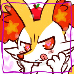 3_fingers :3 ambiguous_anthro ambiguous_gender anthro apple apple_on_head arm_tuft biped blush blush_lines blush_stickers bodily_fluids cheek_tuft close-up closed_smile drooling facial_tuft fingers food front_view fruit fur heart_eyes heart_symbol inner_ear_fluff licking licking_lips looking_at_viewer mouth_closed multicolored_body multicolored_fur nude_ambiguous nude_anthro plant pointy_ears prick_ears red_eyes red_inner_ear_fluff red_nose saliva shoulder_tuft simple_background smile solo star_polygon tail tongue tongue_out tuft white_body white_fur yellow_body yellow_fur yellow_tail annyui0611 nintendo pokemon braixen canid generation_6_pokemon mammal pokemon_(species) 1:1 2021 headshot_portrait hi_res japanese_description portrait translated_description
