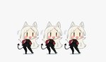 bottomwear chibi clothing dancing dress_shirt female gloves group hair handwear long_hair necktie open_mouth pants shirt simple_background spade_tail tail topwear vest white_background white_body white_hair white_skin porforever helltaker cerberus_(helltaker) animal_humanoid canid canid_humanoid canine canine_humanoid demon demon_humanoid dog_humanoid humanoid mammal mammal_humanoid hi_res