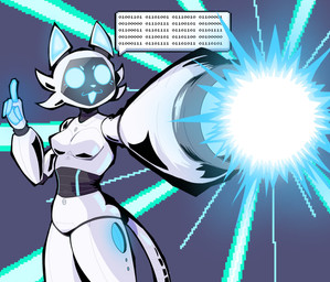 4_fingers :3 anthro anthrofied arm_cannon arm_tattoo binary_code black_face blue_eyebrows blue_eyes blue_fingers blue_inner_ear blue_mouth blue_nose blue_pawpads breasts cheek_tuft club_arms dialogue energy energy_ball energy_weapon eyebrows facial_tuft featureless_breasts featureless_crotch female fingers floating_fingers for_a_head gesture grey_background hand_gesture machine medium_breasts pawpads pointing pointing_up ranged_weapon robot_joints screen screen_face segmented_body segmented_tail simple_background small_eyebrows solo speech_bubble tail tattoo tuft weapon weapon_arm white_body lmarkuzz pudu_robotics ka-t bellabot domestic_cat felid feline felis mammal object_head robot robot_anthro screen_head 2025 cel_shading digital_media_(artwork) hi_res pixel_(artwork) portrait shaded three-quarter_portrait