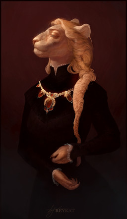 anthro black_clothing black_dress blonde_hair blue_eyes breasts clothed clothing dress elegant female fur hair jewelry long_hair looking_away necklace realistic_anthro simple_background smile smirk solo vintage reykat felid lion mammal pantherine 2015 absurd_res hi_res smaller_version_at_source
