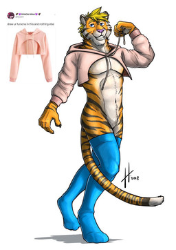 anthro athletic athletic_anthro athletic_male blonde_hair blue_clothing blue_eyes blue_legwear clothed clothing crossdressing facial_markings featureless_crotch fur grin hair head_markings legwear looking_at_viewer male male_anthro markings navel orange_body orange_fur pink_clothing pink_topwear simple_background smile solo standing striped_body striped_face striped_fur striped_legs striped_markings striped_neck striped_tail stripes tail tail_markings topwear white_background white_body white_fur hufnaar rawz felid mammal pantherine tiger 2018 dated full-length_portrait hi_res portrait signature