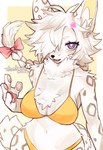 accessory anthro belly bikini bow_ribbon braided_hair breasts brown_markings chest_tuft cleavage clothed clothing eyelashes female fingers fluffy fluffy_tail fur hair hair_accessory hair_bow hair_ribbon hairpin heart_accessory heart_symbol hip_tuft inner_ear_fluff leopard_spots looking_at_viewer markings navel neck_tuft open_mouth pawpads pink_ribbon purple_eyes ribbons short_snout simple_background solo spots swimwear tail teeth text tuft two-piece_swimsuit white_body white_fur yellow_clothing yellow_swimwear sue36v felid mammal pantherine snow_leopard absurd_res artist_name digital_media_(artwork) hi_res portrait three-quarter_portrait