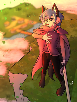 anthro blue_hair bow_ribbon cape capelet clothing cloud clouds_in_blackground female fur grass hair knight melee_weapon mountain plant solo sword sword_in_ground village warrior weapon white_body white_fur jakesart canid canine canis mammal wolf 3:4 hi_res