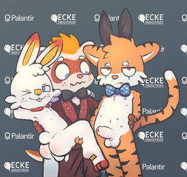 anthro anus backsack balls barely_visible_anus biped blonde_hair bodily_fluids bow_tie bubble_butt buckteeth butt clothing countershading drooling fake_ears fake_rabbit_ears fangs feet flaccid foreskin freckled_face freckles fur genitals group hair half-erect holding_another's_side humanoid_genitalia humanoid_penis inside long_foreskin male male/male markings orange_body orange_fur penis perineum presenting presenting_hindquarters raised_leg raised_tail saliva standing tail teeth text trio underarm unretracted_foreskin white_body white_countershading young young_anthro young_male badipoki nintendo palantir_technologies pokemon fan_character float_(badipoki) lopalchik_(badipoki) sharik_(badipoki) domestic_ferret felid generation_8_pokemon mammal mustelid musteline pantherine pokemon_(species) scorbunny tiger true_musteline weasel absurd_res english_text hi_res adult_(lore)