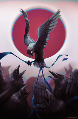 abstract_background ambiguous_gender beak black_beak black_body black_feathers creepy dark feathered_wings feathers feral flying group nude open_mouth red_eyes ribbons spread_wings white_eyes wings neytirix avian bird corvid corvus_(genus) crow jackdaw oscine passerine 2018 chromatic_aberration digital_media_(artwork) hi_res video_in_description watermark