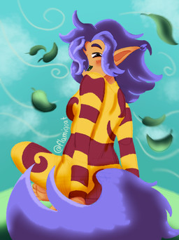 4_toes barefoot black_eyes blue_sky blush blush_lines breasts clothed clothed_female clothed_humanoid clothing eyebrows feet female female_humanoid fluffy fluffy_tail fully_clothed fully_clothed_female fully_clothed_humanoid grass green_lips hair hair_over_eye humanoid_pointy_ears leaf light lips looking_back medium_hair outside plant pointy_ears purple_eyebrows purple_hair sitting sitting_on_ground sky smile solo tail tan_body tan_skin text toes wind yellow_outfit flamigoat rayman_(series) ubisoft ly_the_fairy fairy humanoid tailed_humanoid 2024 artist_name colored digital_drawing_(artwork) digital_media_(artwork) english_description hi_res lighting shaded