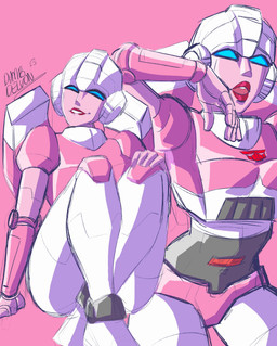 blue_eyes female machine metallic_body not_furry pink_background pink_body simple_background sitting smile solo dumbdelvon hasbro takara_tomy transformers arcee cybertronian humanoid robot robot_humanoid 2023 absurd_res hi_res