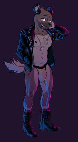 bisexual_lighting blush blush_lines boots bulge clothing combat_boots countershading footwear jacket jockstrap leather leather_clothing leather_jacket leather_topwear male markings mostly_nude nervous nervous_smile nipples shoes solo spots spotted_markings studded_leather topwear underwear harlequinkiller aggretsuko sanrio haida_(aggretsuko) hyena mammal spotted_hyena hi_res