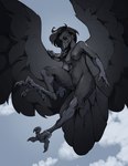 anthro avian_feet beak black_eyes braided_hair breasts claws cloud curvy_figure feathers feet female flying foot_focus genitals hair looking_down majestic medium_breasts nipples nude one_leg_up pussy raised_leg scuted_legs scutes slim smile soles solo spread_wings tail tail_fan tail_feathers talon_hands talons toes wings rinyabjorn xai_xevion avian bird corvid corvus_(genus) crow oscine passerine 2024 absurd_res full-length_portrait hi_res portrait