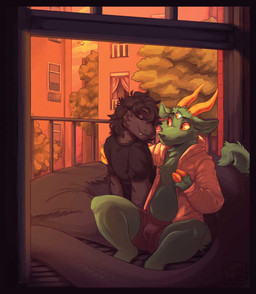 3_eyes anthro apode bedroom bulge cuddling duo fur green_body green_fur hooves horn legless male multi_eye nuzzling serpentine sunset yellow_eyes toddnet bovid caprine draconcopode goat mammal naga reptile scalie snake 2019 hi_res