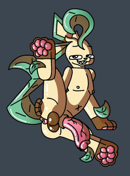 anus balls big_penis feet feral foot_focus genitals glistening glistening_body glistening_pawpads humanoid_genitalia humanoid_penis looking_at_viewer male pawpads penis puffy_anus sharp_teeth smile solo teeth theenyface nintendo pokemon eeveelution generation_4_pokemon leafeon pokemon_(species) shaded