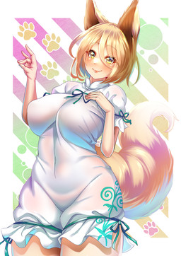 5_fingers big_breasts biped blonde_hair blush breasts clothed clothing cute_fangs dress eyelashes fangs female fingers fluffy fluffy_tail fox_hand_gesture front_view fully_clothed fur gesture glistening glistening_eyes hair hand_gesture humanoid_hands light_body light_skin looking_at_viewer monotone_hair navel nipple_outline pattern_background pupils simple_background slit_pupils smile snaggle_tooth solo standing tail teeth translucent translucent_clothing translucent_dress two_tone_tail white_body white_clothing white_dress white_fur wide_hips yellow_body yellow_eyes yellow_fur wildcatf14 touhou tsukasa_kudamaki animal_humanoid canid canid_humanoid canine canine_humanoid fox_humanoid humanoid mammal mammal_humanoid digital_media_(artwork) portrait three-quarter_portrait