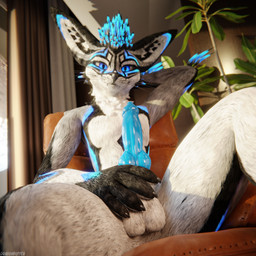 animal_genitalia animal_penis anthro anthro_on_anthro balls biped black_body black_fur blue_body blue_fur blue_penis canine_genitalia canine_penis chair claws clothing depth_of_field dominant erection fur furniture genitals grey_body grey_fur hair inside knot looking_at_viewer looking_pleasured male multicolored_body nude on_chair open_mouth penis reflection sitting sitting_on_chair slim slim_anthro slim_male slim_sub smile solo submissive submissive_male tail teasing teasing_viewer white_body white_fur dragonplayer blender_cycles dragonplayer_(character) canid canine canis fox hybrid mammal rexouium 1:1 3d_(artwork) absurd_res blender_(artwork) digital_media_(artwork) hi_res